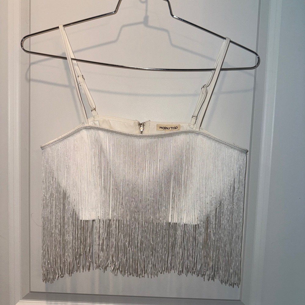 Main Strip Womens M Fringe Crop Top White Silver Western Rodeo Festival NWT